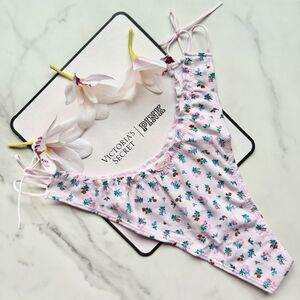 NWT PINK VICTORIA'S SECRET COTTON SIDE-TIE SMOOTH THONG PANTY IN PINK TULIP FLOR